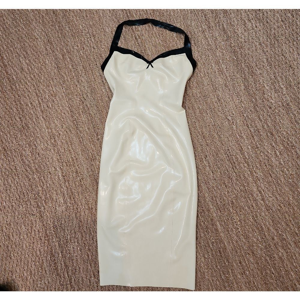 Latex Cream Midi Dress with Black Halter With Trim Size S
